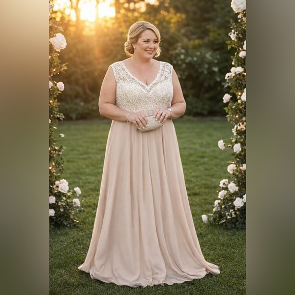 Morilee By Madeline Gardner Evening Gown Formal Lace Chiffon Beige Dress 20 - Picture 6 of 11